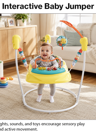 Baby Activity Jumper with Lights & Sounds, Adjustable Height, Interactive Toys, Compact Frame Yellow