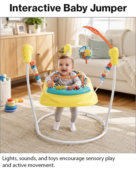 Baby Activity Jumper with Lights & Sounds, Adjustable Height, Interactive Toys, Compact Frame Yellow