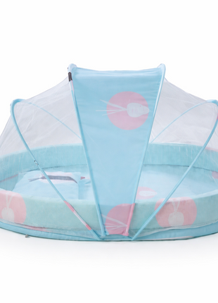 Baby Mosquito‑Net Bed 90 × 55 cm Padded Travel Mattress & Pillow – Cotton/Mesh Blend – Multicolour Animal Design