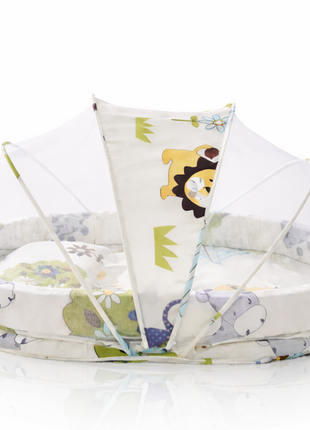 Baby Mosquito‑Net Bed 90 × 55 cm Padded Travel Mattress & Pillow – Cotton/Mesh Blend – Multicolour Animal Design