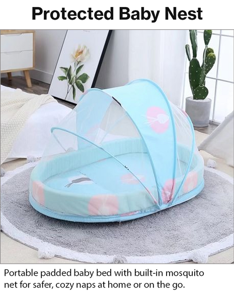 Baby Mosquito‑Net Bed 90 × 55 cm Padded Travel Mattress & Pillow – Cotton/Mesh Blend – Multicolour Animal Design