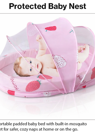 Baby Mosquito‑Net Bed 90 × 55 cm Padded Travel Mattress & Pillow – Cotton/Mesh Blend – Multicolour Animal Design