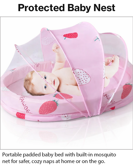 Baby Mosquito‑Net Bed 90 × 55 cm Padded Travel Mattress & Pillow – Cotton/Mesh Blend – Multicolour Animal Design