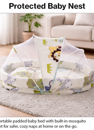 Baby Mosquito‑Net Bed 90 × 55 cm Padded Travel Mattress & Pillow – Cotton/Mesh Blend – Multicolour Animal Design