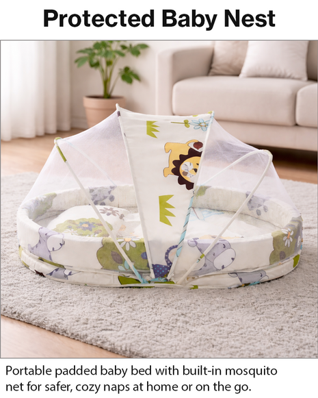 Baby Mosquito‑Net Bed 90 × 55 cm Padded Travel Mattress & Pillow – Cotton/Mesh Blend – Multicolour Animal Design