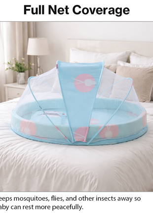 Baby Mosquito‑Net Bed 90 × 55 cm Padded Travel Mattress & Pillow – Cotton/Mesh Blend – Multicolour Animal Design