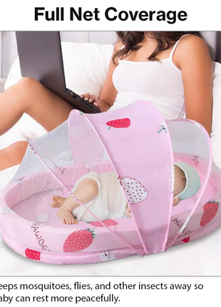 Baby Mosquito‑Net Bed 90 × 55 cm Padded Travel Mattress & Pillow – Cotton/Mesh Blend – Multicolour Animal Design