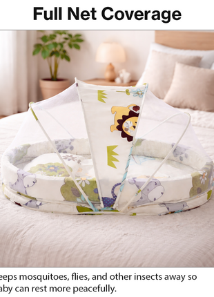 Baby Mosquito‑Net Bed 90 × 55 cm Padded Travel Mattress & Pillow – Cotton/Mesh Blend – Multicolour Animal Design