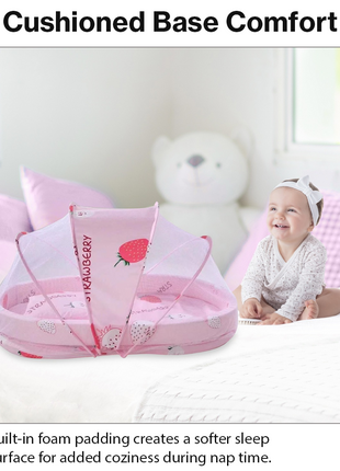 Baby Mosquito‑Net Bed 90 × 55 cm Padded Travel Mattress & Pillow – Cotton/Mesh Blend – Multicolour Animal Design