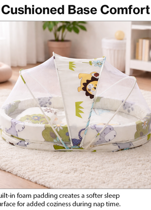Baby Mosquito‑Net Bed 90 × 55 cm Padded Travel Mattress & Pillow – Cotton/Mesh Blend – Multicolour Animal Design