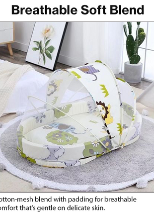 Baby Mosquito‑Net Bed 90 × 55 cm Padded Travel Mattress & Pillow – Cotton/Mesh Blend – Multicolour Animal Design