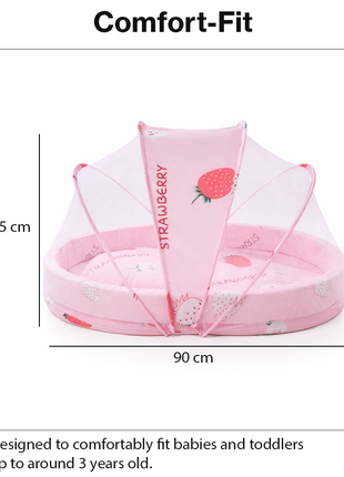 Baby Mosquito‑Net Bed 90 × 55 cm Padded Travel Mattress & Pillow – Cotton/Mesh Blend – Multicolour Animal Design