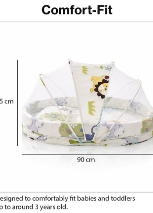 Baby Mosquito‑Net Bed 90 × 55 cm Padded Travel Mattress & Pillow – Cotton/Mesh Blend – Multicolour Animal Design