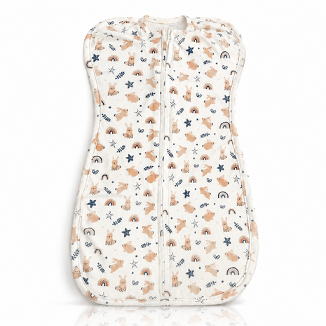 Baby Swaddle Sleep Sack with Twin Zip Closure, Functional Newborn Wrap Blanket, Bunny Rainbow Print