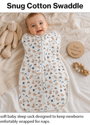 Baby Swaddle Sleep Sack with Twin Zip Closure, Functional Newborn Wrap Blanket, Bunny Rainbow Print