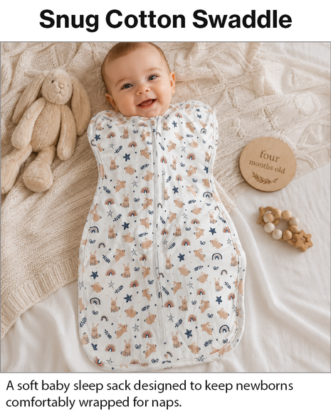 Baby Swaddle Sleep Sack with Twin Zip Closure, Functional Newborn Wrap Blanket, Bunny Rainbow Print