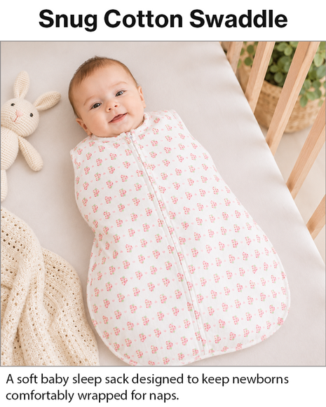 Baby Swaddle Sleep Sack with Twin Zip Closure, Functional Newborn Wrap Blanket, Pink Strawberry Print