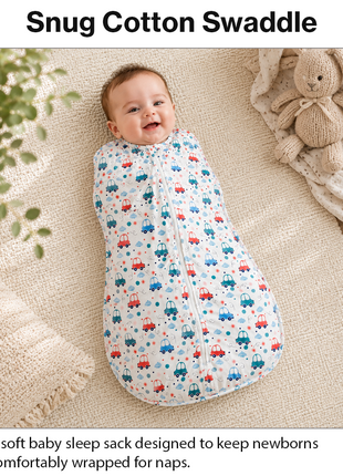 Baby Swaddle Sleep Sack with Twin Zip Closure, Functional Newborn Wrap Blanket,  Blue Car Print
