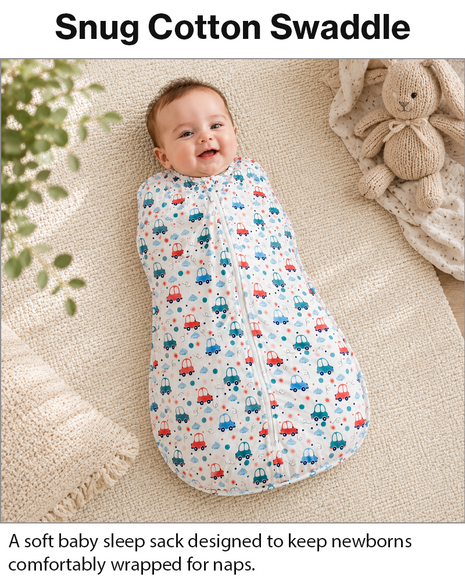 Baby Swaddle Sleep Sack with Twin Zip Closure, Functional Newborn Wrap Blanket,  Blue Car Print