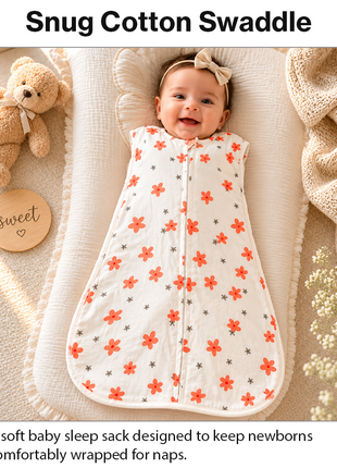 Baby Swaddle Sleep Sack with Twin Zip Closure, Functional Newborn Wrap Blanket, Floral Print