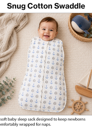 Baby Swaddle Sleep Sack with Twin Zip Closure, Functional Newborn Wrap Blanket, Anchor print