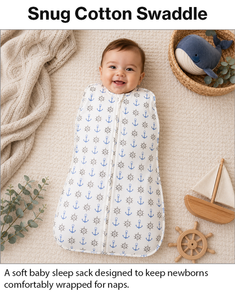 Baby Swaddle Sleep Sack with Twin Zip Closure, Functional Newborn Wrap Blanket, Anchor print