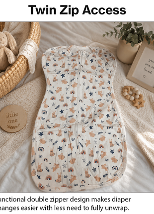 Baby Swaddle Sleep Sack with Twin Zip Closure, Functional Newborn Wrap Blanket, Bunny Rainbow Print