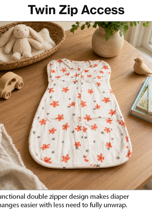 Baby Swaddle Sleep Sack with Twin Zip Closure, Functional Newborn Wrap Blanket, Floral Print