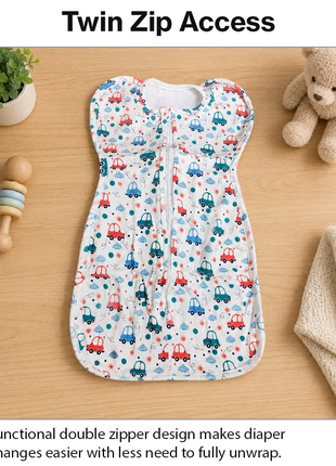 Baby Swaddle Sleep Sack with Twin Zip Closure, Functional Newborn Wrap Blanket,  Blue Car Print