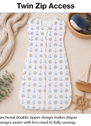 Baby Swaddle Sleep Sack with Twin Zip Closure, Functional Newborn Wrap Blanket, Anchor print