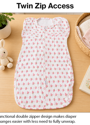 Baby Swaddle Sleep Sack with Twin Zip Closure, Functional Newborn Wrap Blanket, Pink Strawberry Print