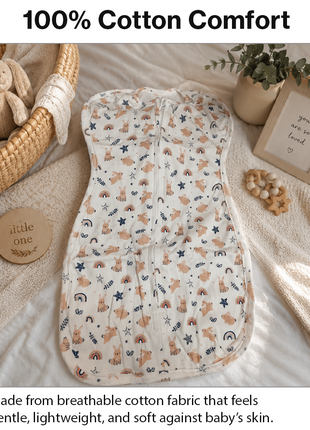 Baby Swaddle Sleep Sack with Twin Zip Closure, Functional Newborn Wrap Blanket, Bunny Rainbow Print