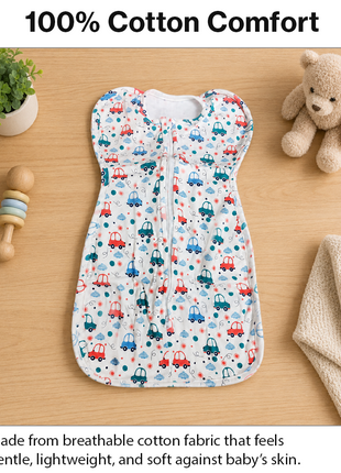 Baby Swaddle Sleep Sack with Twin Zip Closure, Functional Newborn Wrap Blanket,  Blue Car Print