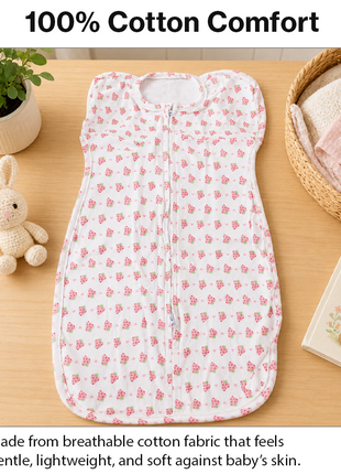 Baby Swaddle Sleep Sack with Twin Zip Closure, Functional Newborn Wrap Blanket, Pink Strawberry Print