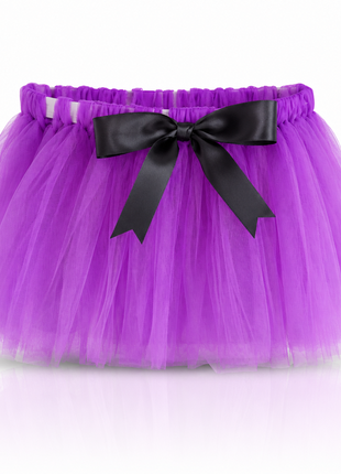 Purple Layered Tulle Tutu Skirt Set with Black Satin Ribbon & Matching Flower Hair Clip for Kids