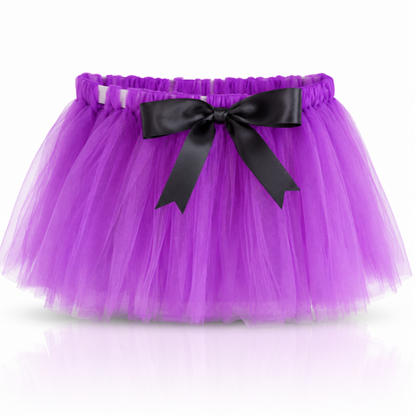 Purple Layered Tulle Tutu Skirt Set with Black Satin Ribbon & Matching Flower Hair Clip for Kids