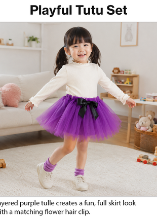 Purple Layered Tulle Tutu Skirt Set with Black Satin Ribbon & Matching Flower Hair Clip for Kids
