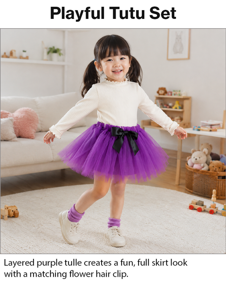 Purple Layered Tulle Tutu Skirt Set with Black Satin Ribbon & Matching Flower Hair Clip for Kids