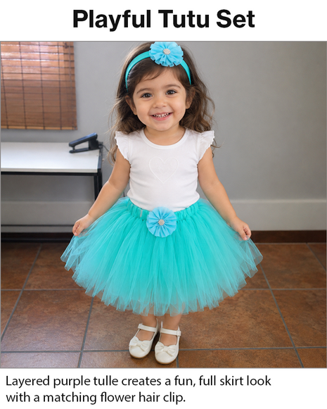 Green Layered Tulle Tutu Skirt Set with Black Satin Ribbon & Matching Flower Hair Clip for Kids (Copy)
