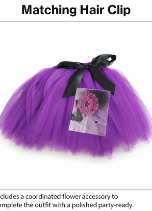 Purple Layered Tulle Tutu Skirt Set with Black Satin Ribbon & Matching Flower Hair Clip for Kids
