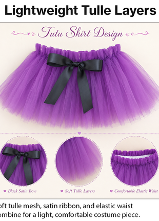 Purple Layered Tulle Tutu Skirt Set with Black Satin Ribbon & Matching Flower Hair Clip for Kids