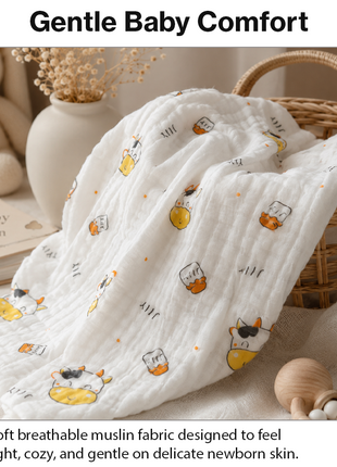 100% Cotton Muslin Baby Swaddle Blanket 110 x 110 cm Lightweight Breathable Soft Newborn Wrap Cow