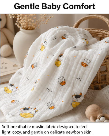 100% Cotton Muslin Baby Swaddle Blanket 110 x 110 cm Lightweight Breathable Soft Newborn Wrap Cow