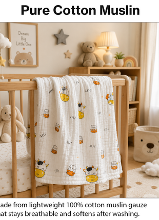 100% Cotton Muslin Baby Swaddle Blanket 110 x 110 cm Lightweight Breathable Soft Newborn Wrap Cow