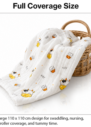 100% Cotton Muslin Baby Swaddle Blanket 110 x 110 cm Lightweight Breathable Soft Newborn Wrap Cow