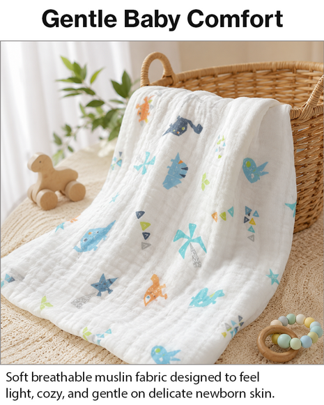 100% Cotton Muslin Baby Swaddle Blanket 110 x 110 cm Lightweight Breathable Soft Newborn Wrap Dinosaur