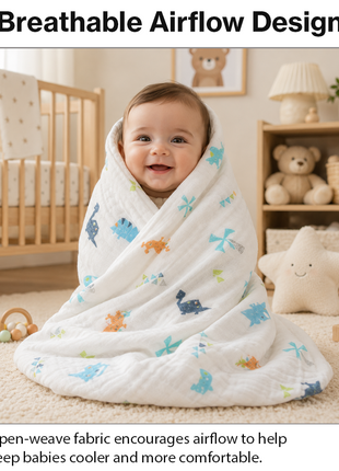 100% Cotton Muslin Baby Swaddle Blanket 110 x 110 cm Lightweight Breathable Soft Newborn Wrap Dinosaur