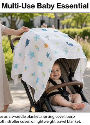 100% Cotton Muslin Baby Swaddle Blanket 110 x 110 cm Lightweight Breathable Soft Newborn Wrap Dinosaur