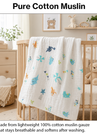 100% Cotton Muslin Baby Swaddle Blanket 110 x 110 cm Lightweight Breathable Soft Newborn Wrap Dinosaur