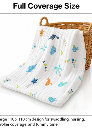 100% Cotton Muslin Baby Swaddle Blanket 110 x 110 cm Lightweight Breathable Soft Newborn Wrap Dinosaur